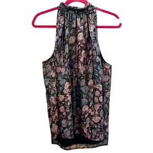 J Crew Collection Womens Large Silk Metallic Floral Halter Bow Back Top Black
